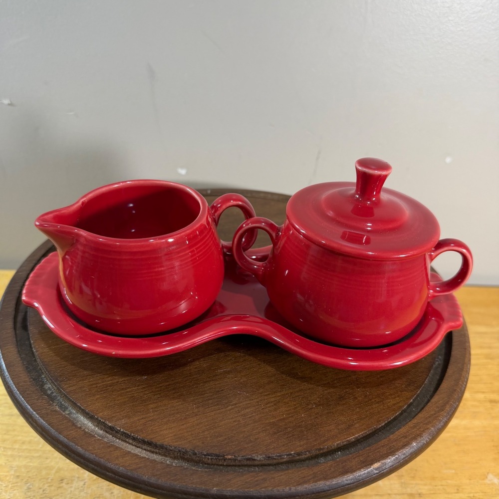 Fiesta Creamer and Sugar Set Scarlet Red Vtg Style Tray 3pc Ceramic
